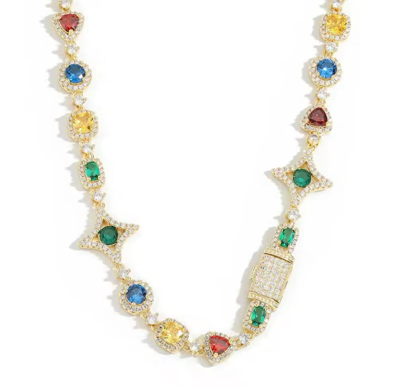 Multicolored Gemstone Star and Moon Tennis Necklace
