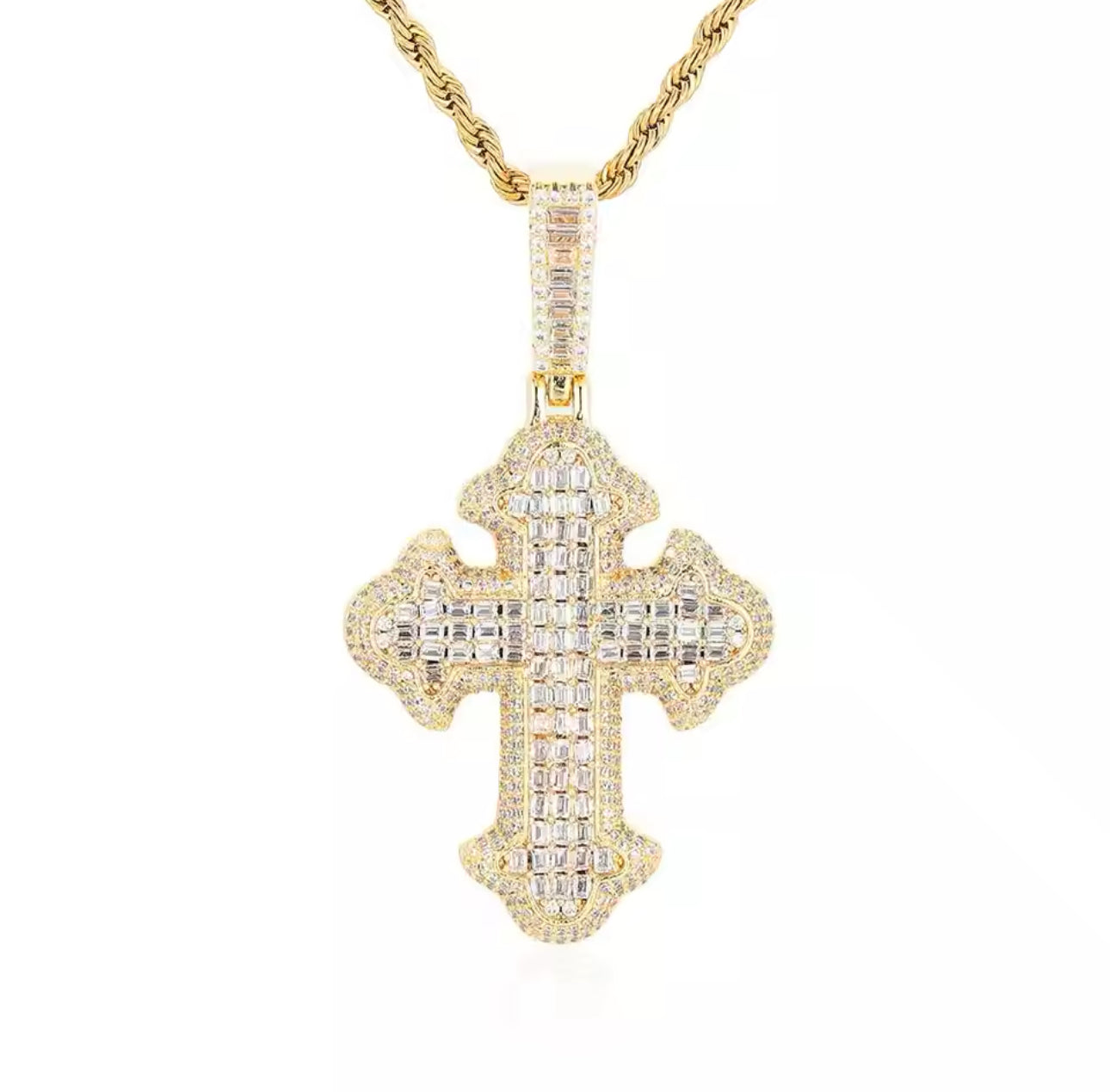 Baguette Simulated Diamond Cross Necklace (Diamond Tester approved)