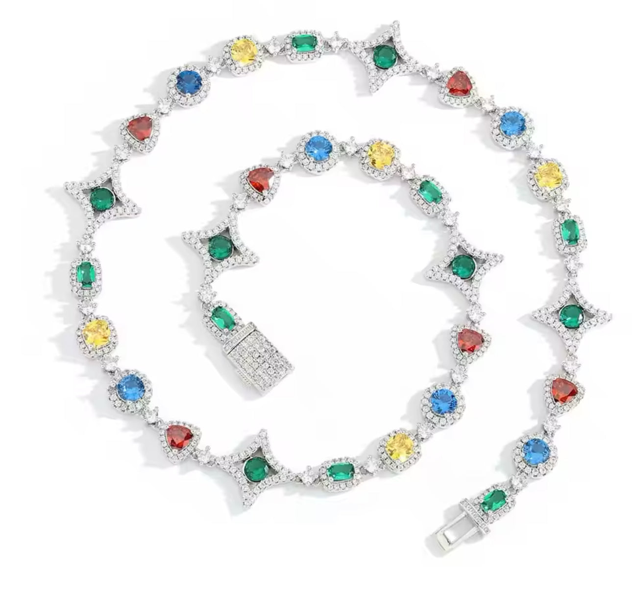 Multicolored Gemstone Star and Moon Tennis Necklace