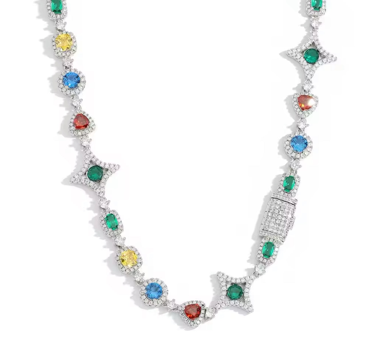 Multicolored Gemstone Star and Moon Tennis Necklace