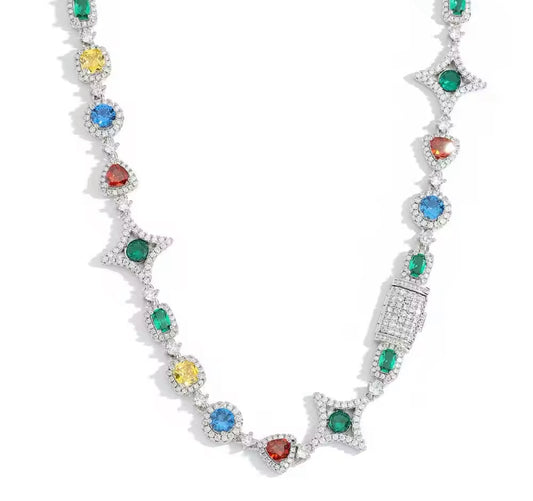 Multicolored Gemstone Star and Moon Tennis Necklace