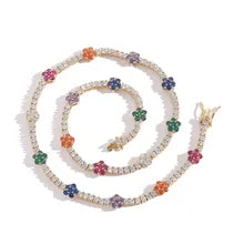 4MM Round Cut Flower Multi color Tennis Necklace