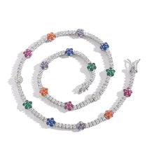 4MM Round Cut Flower Multi color Tennis Necklace