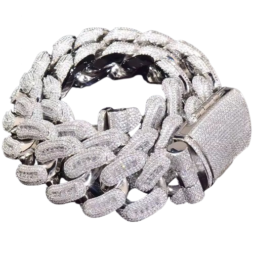 28MM Baguette and Round 3D Cuban Necklace | 925 Silver VVS