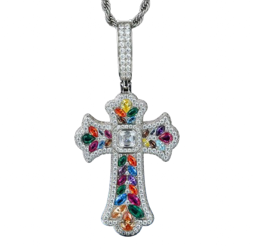 925 Silver Multi-Color Moissanite Cross Pendant