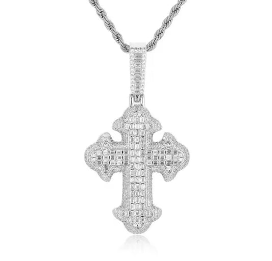 Baguette Simulated Diamond Cross Necklace (Diamond Tester approved)